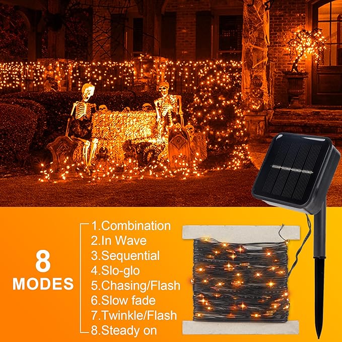 kemooie 2 Pack 100 LED Orange Solar Halloween Lights, 8 Twinkle Modes Waterproof Upgraded Solar Powered Fairy Lights, for Outdoor Garden Patio Christmas Halloween Decorations (Orange)