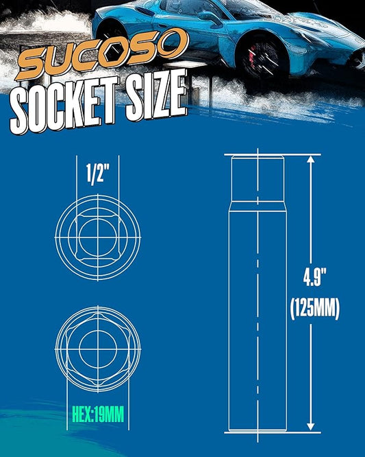 Spike Lug Nuts Socket Key, Stripped Lugnut Remover, 19mm Hex Universal Drive Spike Lugnuts Socket Tool with 5" Tall, Compatible with 14x1.5,14x2.0,916-18,12-20,12x1.5,12x1.25 Spiked Lug Nut