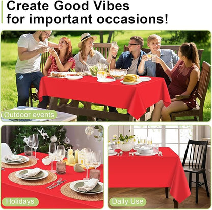 QIKSION Plastic Table Cloth Disposable 2 Pack, 54 x 108 Inch Tablecloths for Rectangle Tables, Red Plastic Table Cover