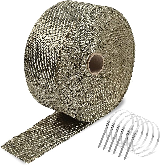 Titanium Exhaust Heat Tape Wrap, 2Aux 50 Ft, Motorcycle Fiberglass Heat Shield Tape With Stainless Ties
