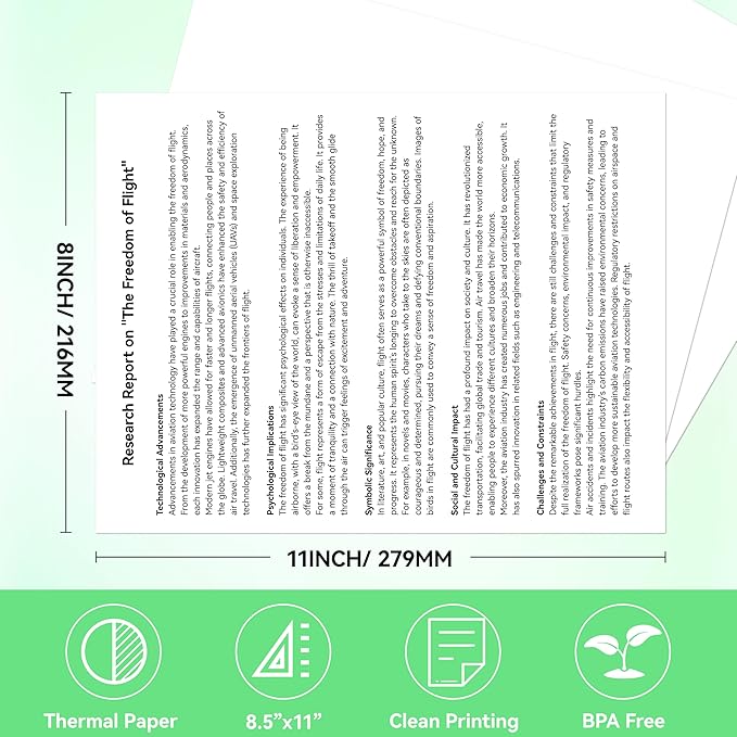 Thermal Printer Paper 8.5''A11'' US Letter 100 Sheets Quick-Dry Single Page Thermal Paper for Portable Thermal Printer