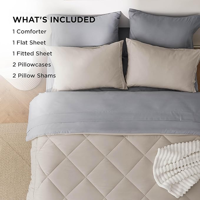 Bedsure King Size Comforter Set - 7 Pieces Reversible Beige Bedding, King Size Bed Set for All Seasons, Bed in a Bag with Down Alternative Comforter, Sheets, Pillowcases  Shams