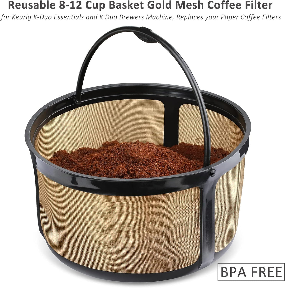 Reusable 8-12 Cup Basket Gold Mesh Coffee Filter for Keurig K-Duo Essentials and K Duo Brewers Machine, Replaces your Paper Coffee Filters, BPA Free (2 Pack)