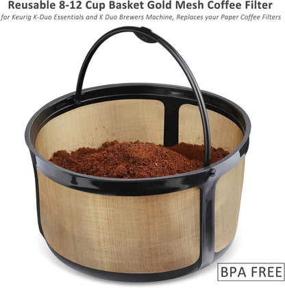Reusable 8-12 Cup Basket Gold Mesh Coffee Filter for Keurig K-Duo Essentials and K Duo Brewers Machine, Replaces your Paper Coffee Filters, BPA Free (2 Pack)