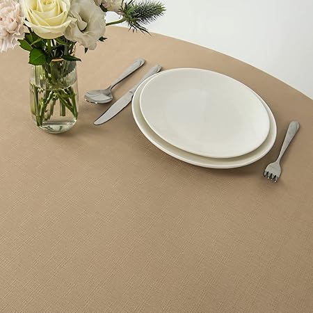 maxmill Round Linen Looking Textured Tablecloth Spill-Proof Wrinkle Free Soft Jacquard Table Cloth for Circular Table Cover, for Dining Room Buffet Banquet Parties Holiday Dinner, 70 Inch Beige