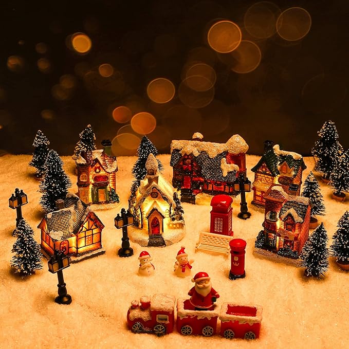 Zubebe 22 Pcs Christmas Village Houses Sets LED Holiday Village Figurines Collection Buildings Christmas Scene Desktop Ornaments Xmas Indoor Room(Cute Style)