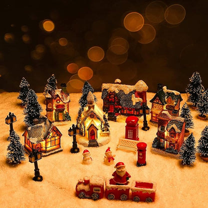 Zubebe 22 Pcs Christmas Village Houses Sets LED Holiday Village Figurines Collection Buildings Christmas Scene Desktop Ornaments Xmas Indoor Room(Cute Style)