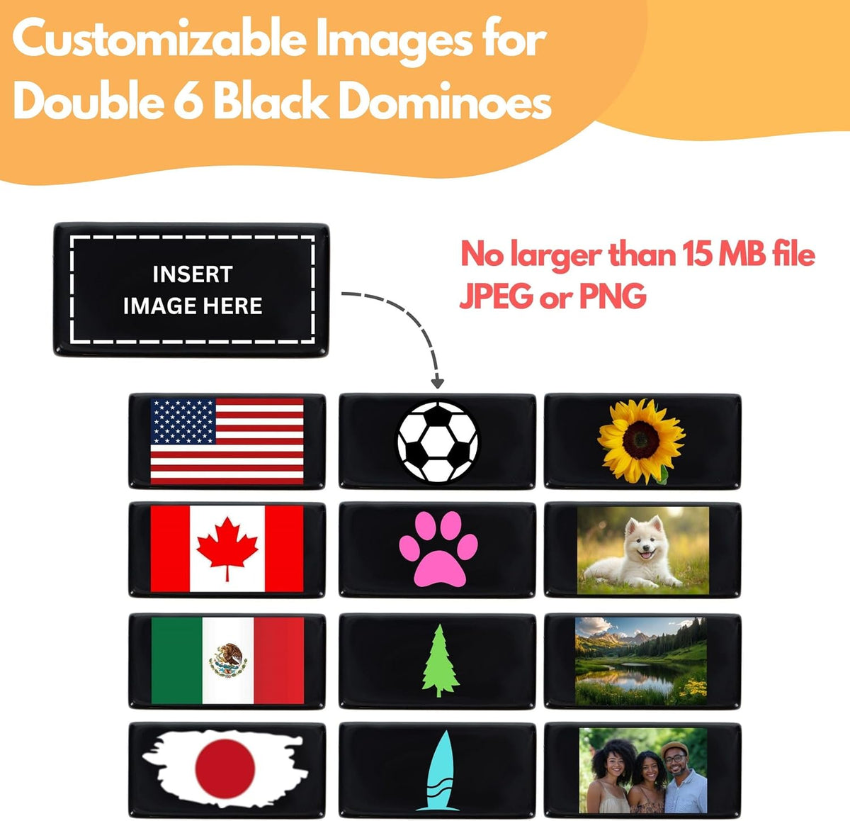 WE Games Custom Color Logo or Image Double 6 Black Dominoes Set in Wooden Case (Random Image)