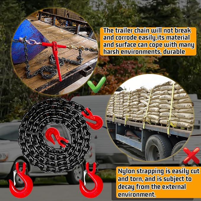 3/8" Transport Binder Chain-G80 Heavy Duty Log Chain with G70 Hooks Wll 7100 lbs|10FT Safety Tow Chains Towing Trailer Extension|Secure Working Load for Tie-Down&Lifting&Flatbed (EP Black)