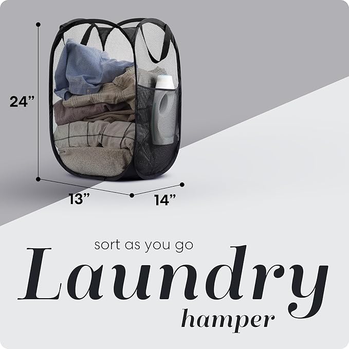 Handy Laundry Collapsible Mesh Pop Up Hamper with Wide Opening and Side Pocket Ai Breathable, Sturdy, Foldable, and Space-Saving Design for Clothes and Storage. (Black)