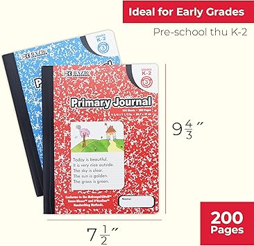 BAZIC Primary Journal 100 Sheet Marble Composition Book, PreSchool 1 Grade 2 Grade Comp Books Notebook, Learning Drawing, COLOR SENT RANDOM, 1-UNIT