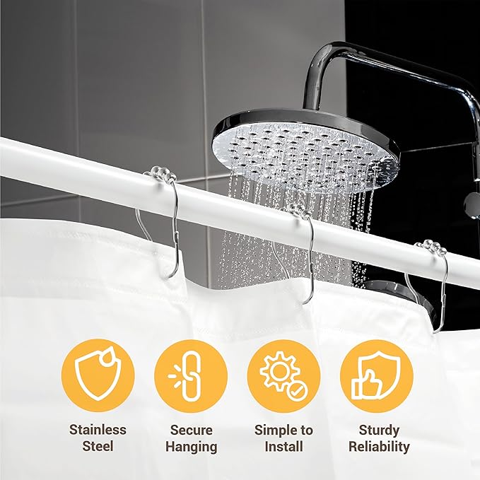 ikloo Shower Curtain Hooks for Bathroom, Decorative Curtain Rings for Shower Rods, Metal Shower Hook for Curtains, Rust Proof Stainless Steel, Shower Curtain Hangers, Set of 12, Chrome