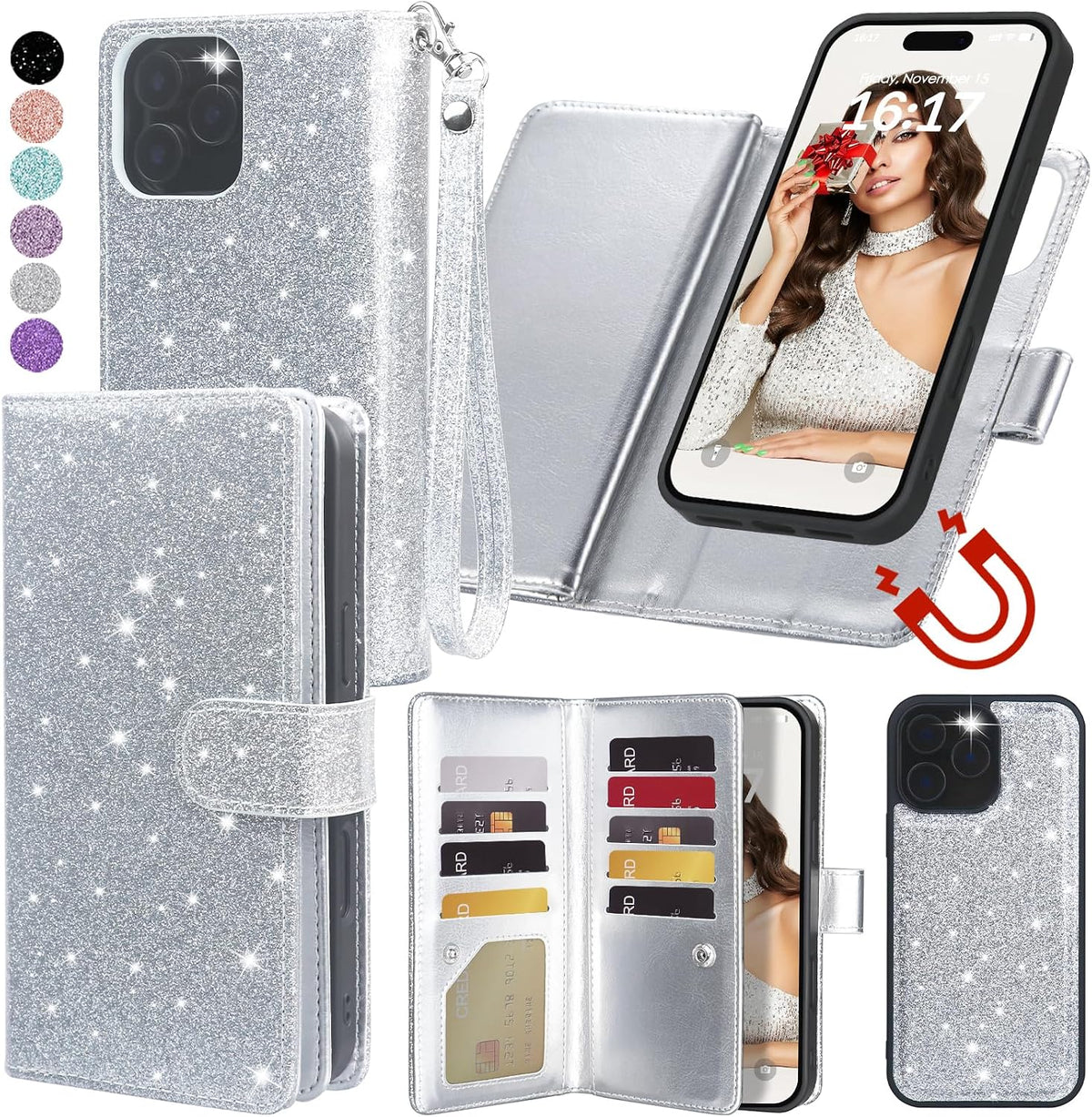Varikke for iPhone 16 Pro Max Wallet Case Detachable with Card Holder for Women, Fashion Glitter PU Leather Strap Magnetic Flip Wallet Removable Phone Case Cover for iPhone 16 Pro Max 6.9", Silver