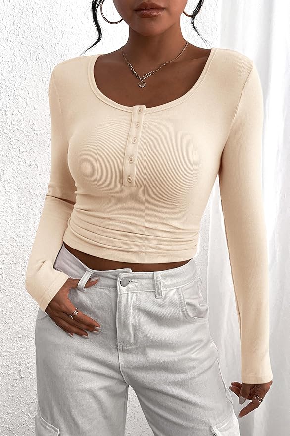 PRETTYGARDEN Women's 2025 Summer Fall Long Sleeve Henley T Shirts Button Ribbed Knit Slim Fit Casual Basic Tops Blouse
