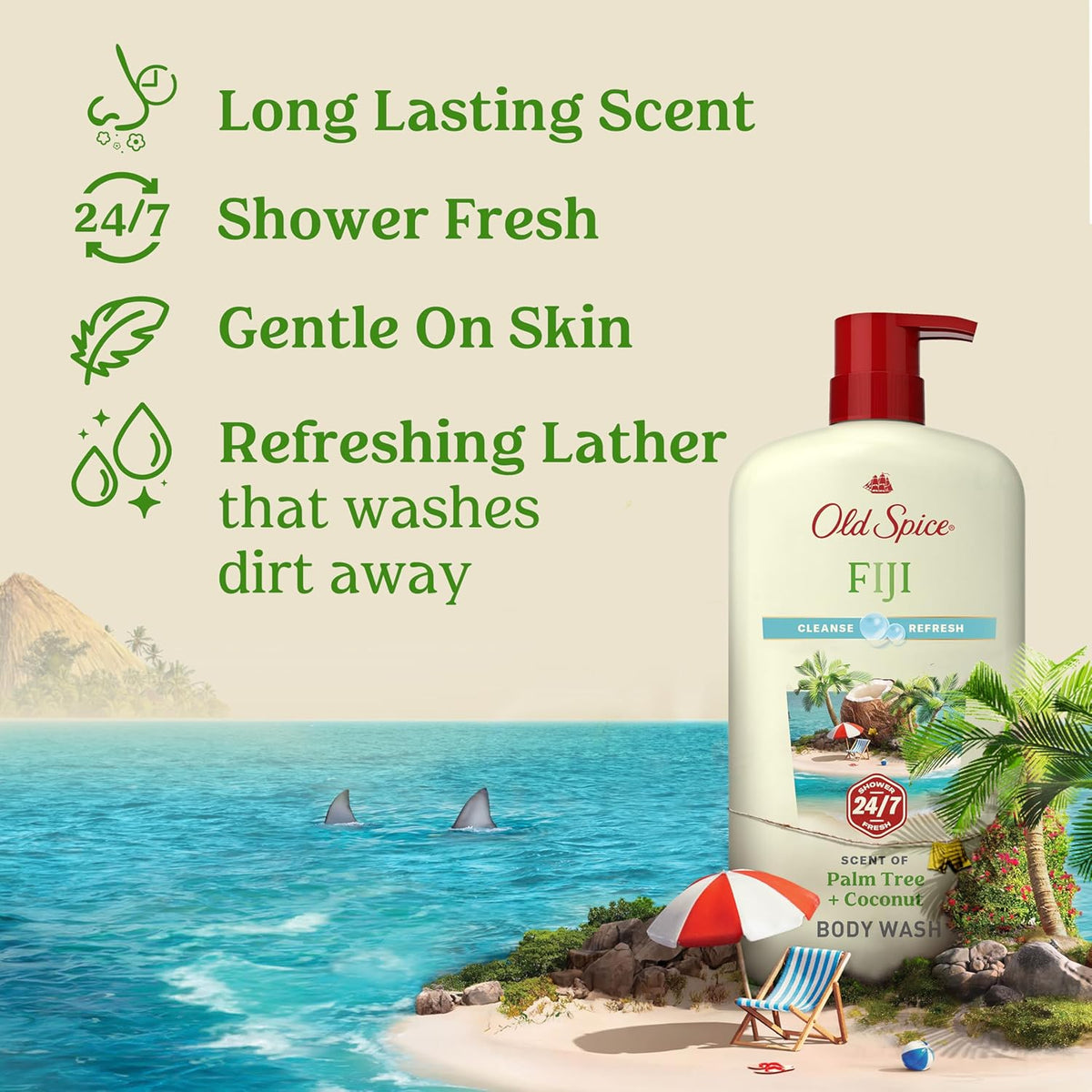 This Old Spice body wash with Fiji palm tree and coconut scent leaves you feeling refreshed and invigorated, like a tropical paradise. It's a popular product!