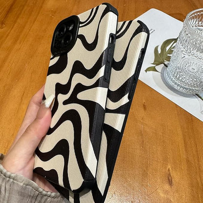 Designed for iPhone 12 Phone Case, Soft PU Leather TPU and Cute Art Wavy Painted for Women Girls, Slim Protective Shockproof Compatible with iPhone 12 (Beige)