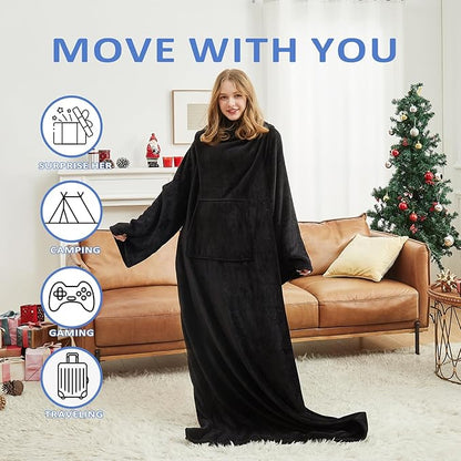 HOSUKKO Fleece blanket hoodie with Sleeves Pocket and Hat - Super Warm and Cozy Giant Blanket Hoodie - Thick Flannel Blanket - Black
