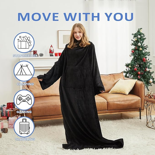 HOSUKKO Fleece blanket hoodie with Sleeves Pocket and Hat - Super Warm and Cozy Giant Blanket Hoodie - Thick Flannel Blanket - Black