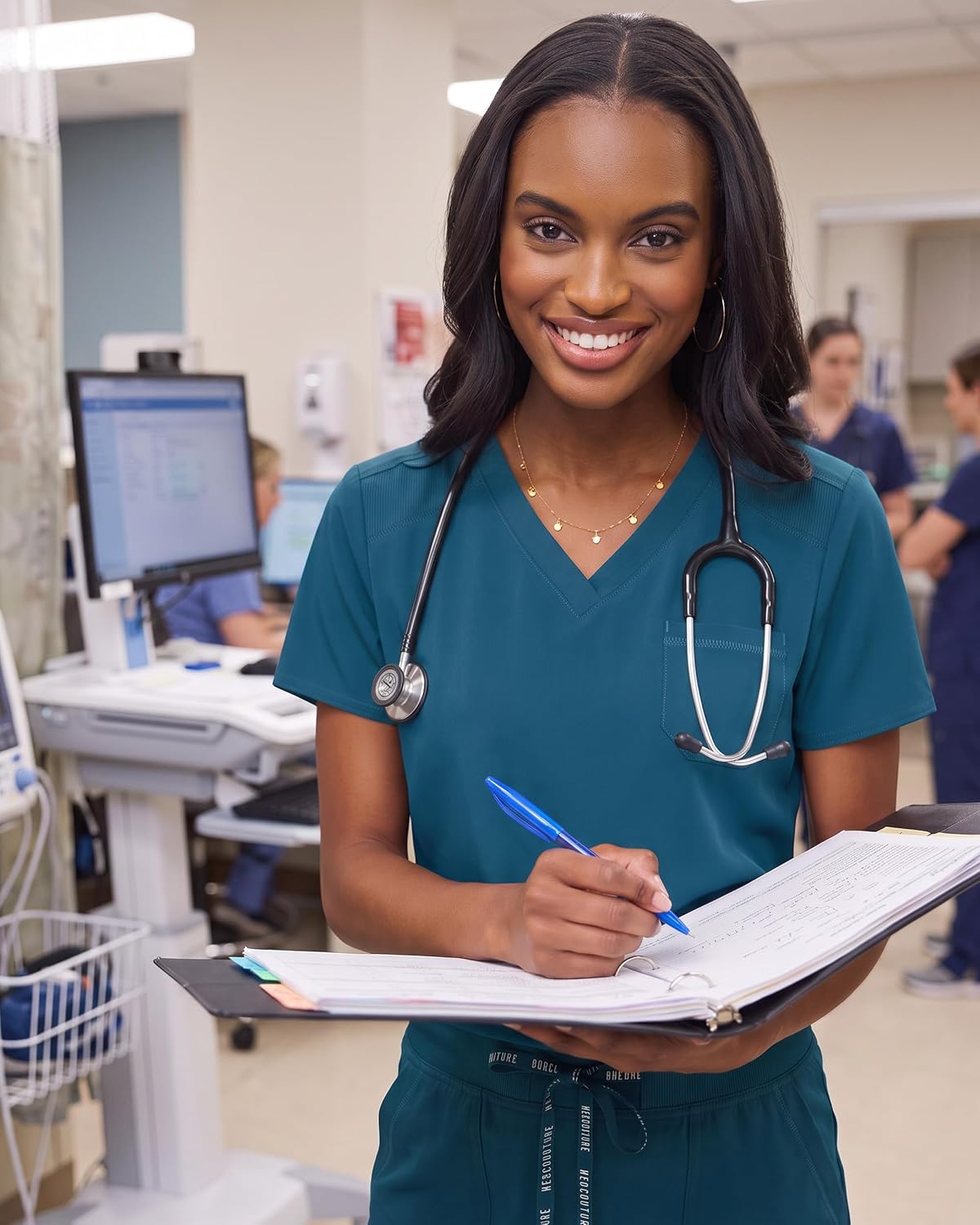 Women's V-Neck Scrub Top, Modern Fit Tuck-in Top with Stretchy Rib-Knit Shoulders and Chest Pocket - MC7448