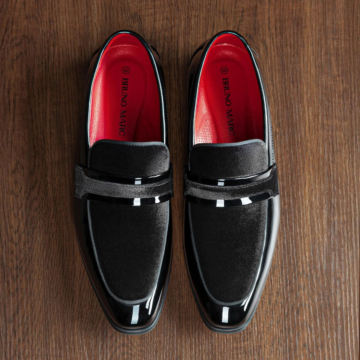 Stylish and comfortable patent leather and velvet loafers from Bruno Marc, with a slip-on design.