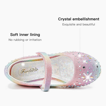 Furdeour Girls Dress Shoes Mary Jane Flower Wedding Party Bridesmaids Shoes Glitter Princess Ballet Flats for Kid Toddler.