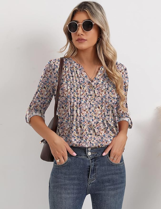 3/4 Sleeve Tops for Women V Neck Henley Long Sleeve Dressy Casual Shirts Ladies Loose Button-up Blouses Tunic