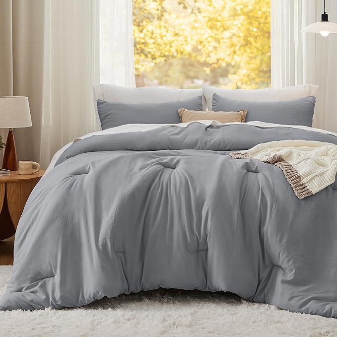 Bedsure Queen Size Comforter Set, Grey Soft Prewashed Bedding for All Seasons, 3 Pieces GentleSoftN Warm Down Alternative Bed Set, 1 Lightweight Comforter (90"x90") and 2 Pillowcases (20"x26")