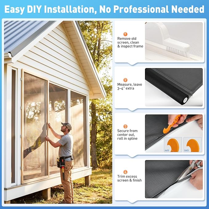 MAGZO Window Screen Replacement Mesh 36"W x 196"L - Pet Resistant Premium & Durable Polyester Screen Door Mesh, Allows Fresh Air in, DIY Repair Kit Includes Tool for Sliding Doors,Windows,Patio, Gray