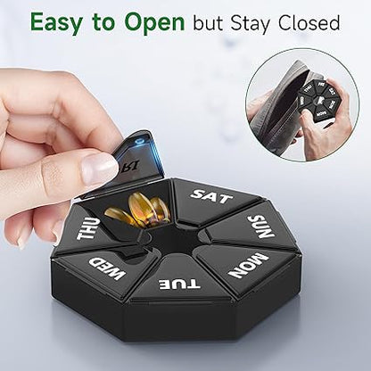 Gelibo,Weekly Pill Organizer, 2 Pack Portable Travel Pill Box Dispenser Medicine case 6 Colors (Seven Day) New Edition for VitaminFish OilPillsSupplements-Arthritis Friendly (Black)