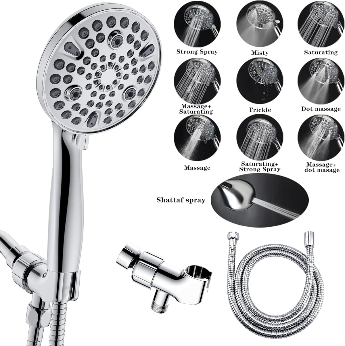 XMJAS-TURN High Pressure 10-mode Handheld Shower Head - Anti-clog Nozzles,Built-in Power Wash to Clean Tub, Tile & Pets,Extra Long 5 ft.Stainless Steel Hose, Copper interface shower holder
