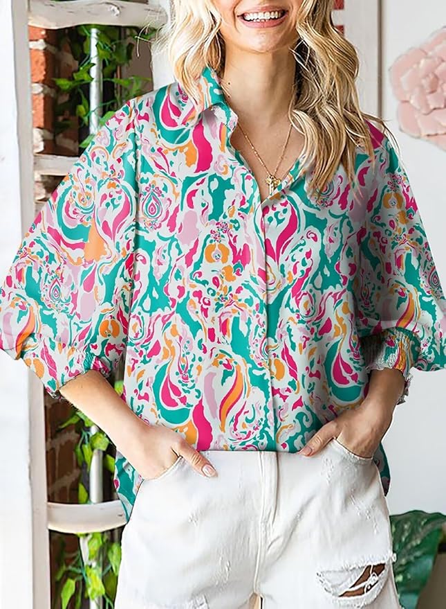 Astylish Women 2025 Loose V-Neck Shirts Paisley Print Lantern Sleeve Blouse Boho Tops
