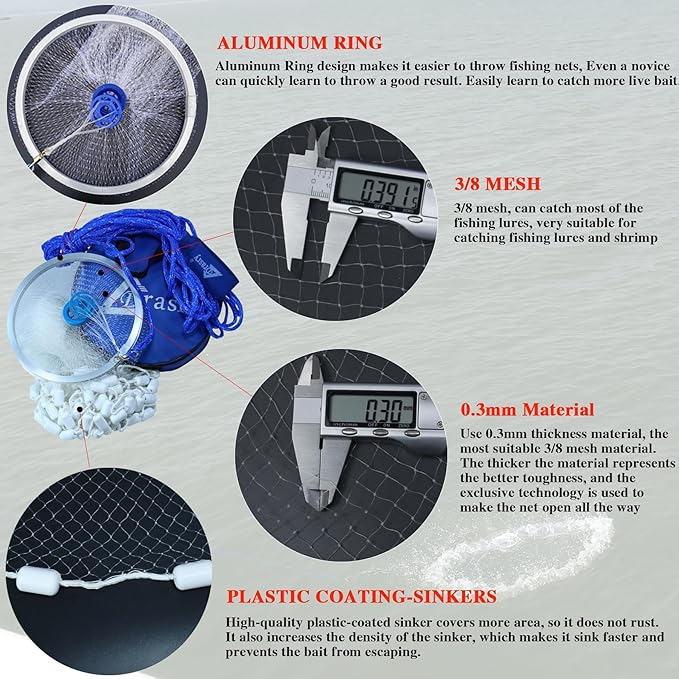 Drasry Fishing Cast Net with Aluminum Ring 38 or 12 Mesh for Saltwater Freshwater Bait Shrimp Trap Fish Throw Net Heavy Duty Sinker. Size 4FT5FT6FT7FT Radius