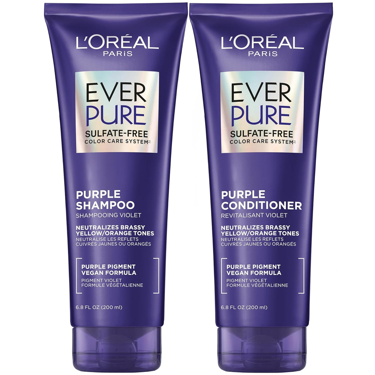 Sulfate-free shampoo and conditioner set from L'Oreal Paris neutralizes brassy tones and deeply hydrates blonde, bleached, or highlighted hair.