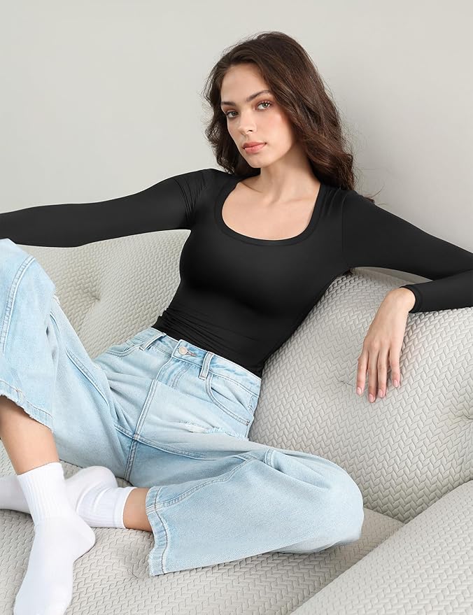 PUMIEY Women's Long Sleeve T Shirts Scoop Neck Slim Fit Going Out Tops Double Lined Basic Tee Smoke Cloud Collection