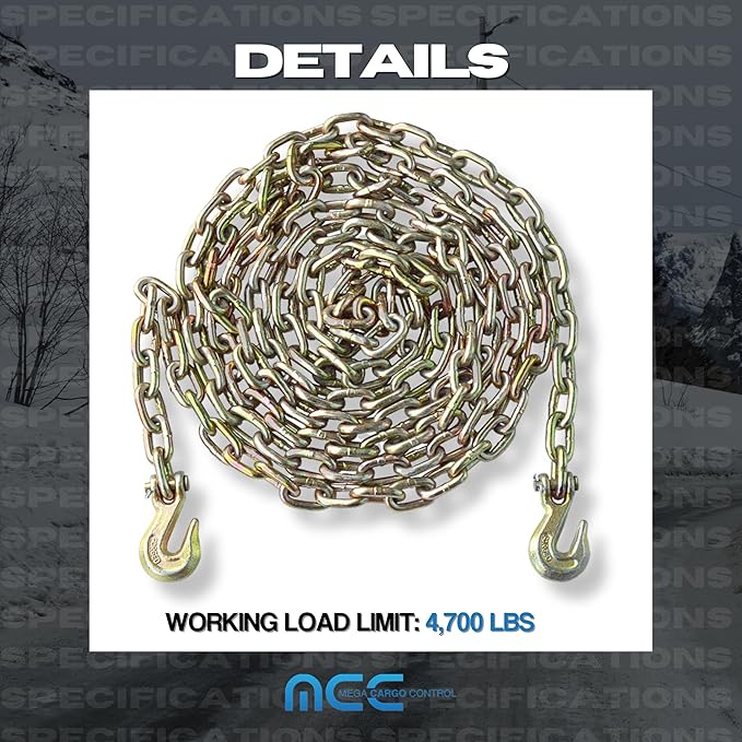 5/16" x 20' G70 Transport Chains with Clevis Grab Hooks - 4,700 LB Working Load Limit for Tow and Hauling on Flatbed, Trailers, Truck (1 - Pack)