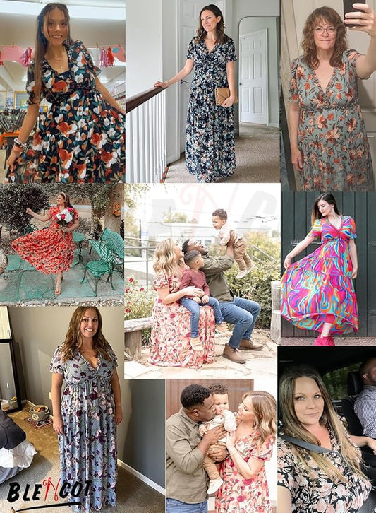 BLENCOT Womens Casual Boho Floral Printed V Neck Short Sleeve Long Evening Dress Ruched Cocktail Party Maxi Wedding Dress