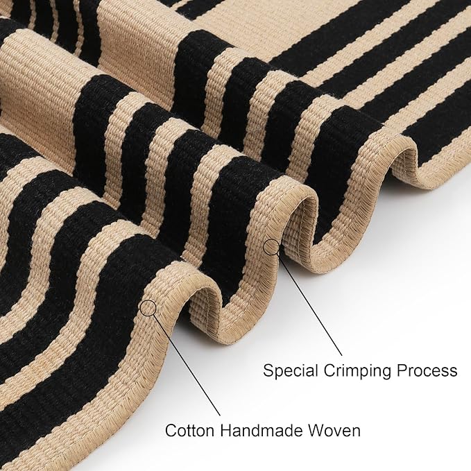 Striped Outdoor Front Door Mat 24"x51", Cotton Hand Woven Washable Black and Khaki Rug Runner, Reversible Foldable Indoor Layered Front Door Rugs for EntrywayFarmhouseHome Entrance