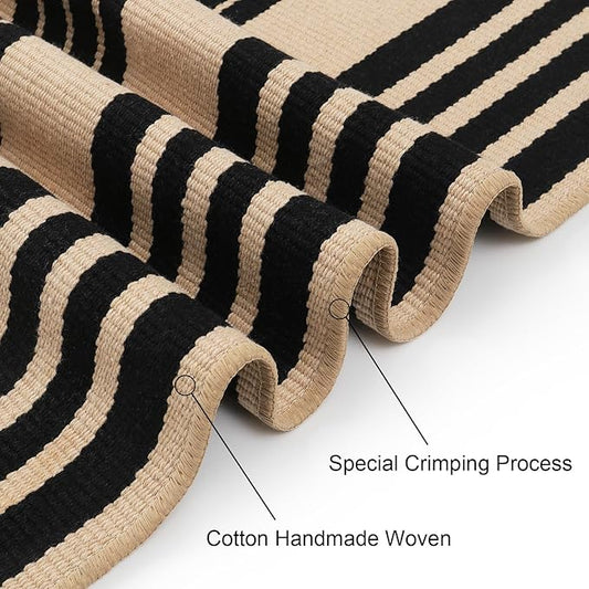 Striped Outdoor Front Door Mat 24"x51", Cotton Hand Woven Washable Black and Khaki Rug Runner, Reversible Foldable Indoor Layered Front Door Rugs for EntrywayFarmhouseHome Entrance