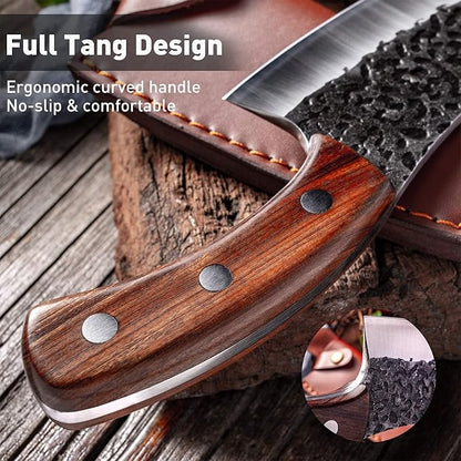 Freelander Hand Forged Knives, Meat Cleaver Knife for Meat Cutting, High Carbon Viking Knife with Sheath, Full Tang Chef Kitchen Butcher Knife for Home,Outdoor, Camping, BBQ