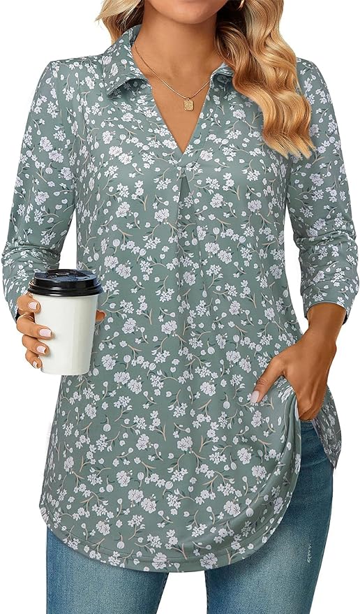 Bulotus Women's 3/4 Sleeve Tunic Shirts Business Casual Blouses V Neck Work Tops