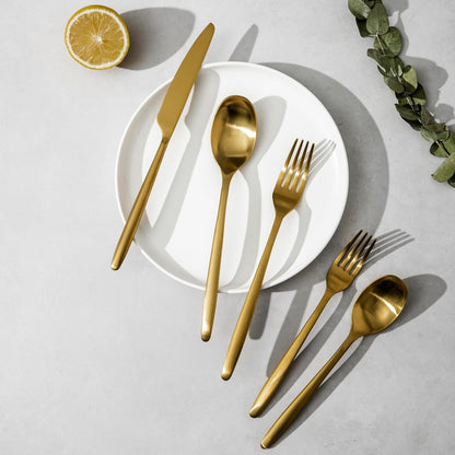 JazzUpCo Ava Flatware Flatware non toxic 18/10 stainless steel dishwasher safe (Matte Gold, 4 Person Set (20 Pieces))