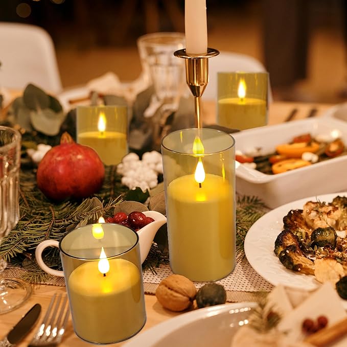 NICEME Amber Flickering Flameless Candles, Battery Operated Acrylic LED Pillar Candles with Remote Control and Timer Flameless Halloween Candles for Christmas New Year Home Decor, Set of 5