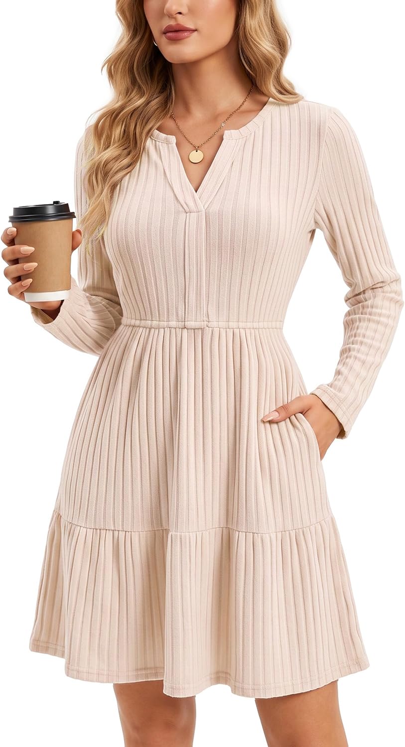 IWD Women Casual Fall Dress Long Sleeve Wrap Sweater Dress with Pocket | Soft Stretchy,V-Neck A-Line, Business Casual Work, Teacher Dresses, Date Night Outfits,Fall Winter Outfits Ribbed Knit Dress