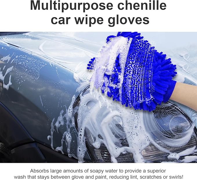 Ziciner Premium Microfiber Wash Mitt, Soft Scratch-Free Double-Sided Chenille Washing Gloves Perfect for Car Washing and Detailing (Blue, Large)