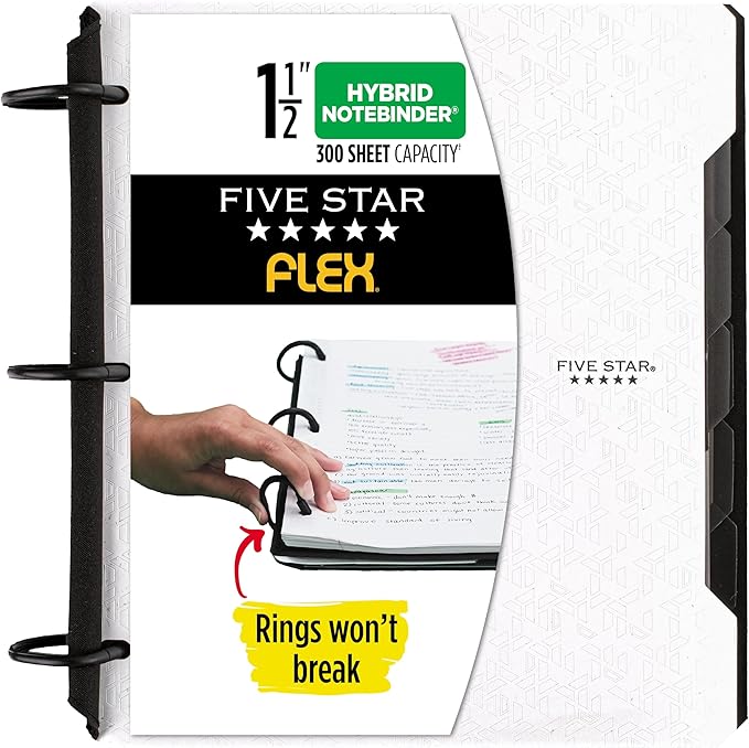 Five Star Flex Refillable Notebook  Study App, College Ruled Paper, 1-12 Inch TechLock Rings, Pockets, Tabs and Dividers, 300 Sheet Capacity, White (29324AE2)