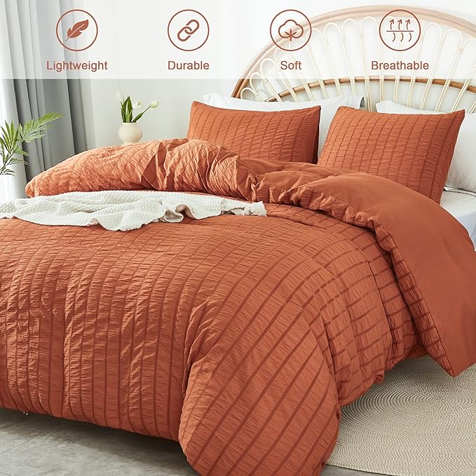 AveLom Terracotta Seersucker Duvet Cover Set King Size (104 x 90 inches), 3 Pieces (1 Duvet Cover  2 Pillow Cases), Ultra Soft Washed Microfiber, Textured Duvet Cover with Zipper Closure, Corner Ties
