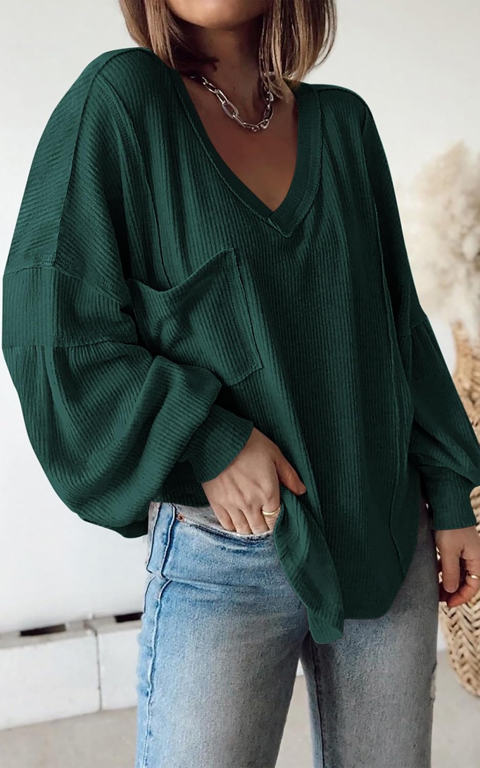 BTFBM Womens Fall Fashion 2025 Long Sleeve Shirts Casual V Neck Ribbed Knit Blouses Pullover Trendy Loose Fit Tunic Tops