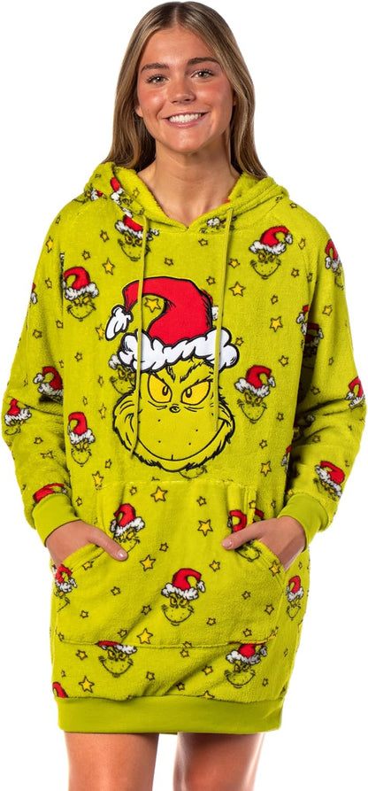 Large Size, MJC Dr. Seuss The Grinch Women's Pullover Hooded Plush Fleece Adult Pajama Dorm Sleep Shirt With Knee High Socks.