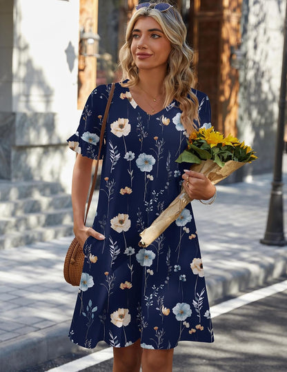 Zeagoo Women's Floral A-Line Ruffle Short Sleeve V-Neck Sundress with Pockets