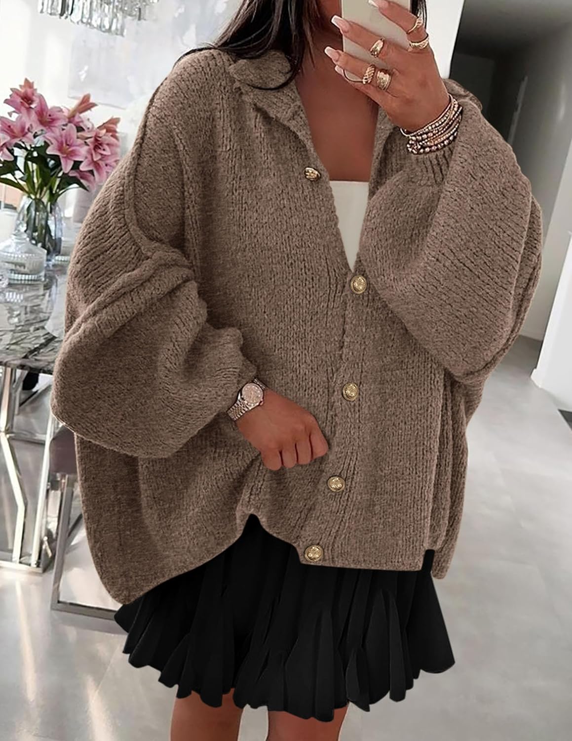 PRETTYGARDEN Women's Winter Button Down Cardigan Sweaters Mock Neck Lantern Long Sleeve Chunky Knit Jacket Trendy Outerwear